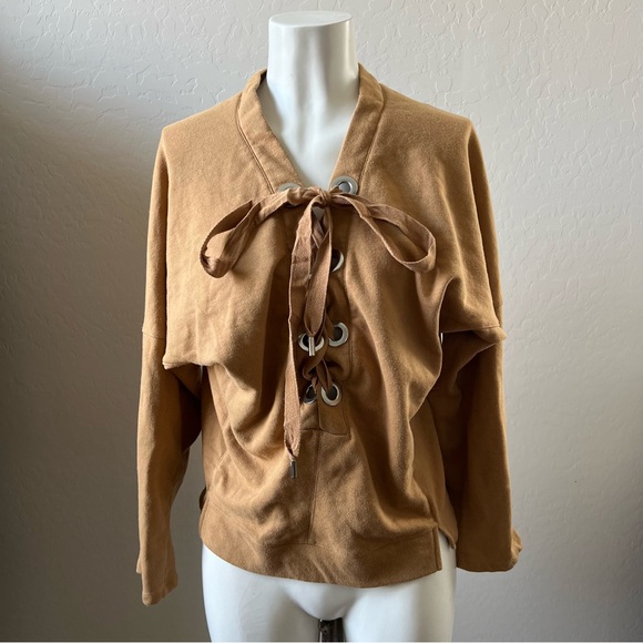 Active USA Tan Lace up Sweater - Picture 1 of 7